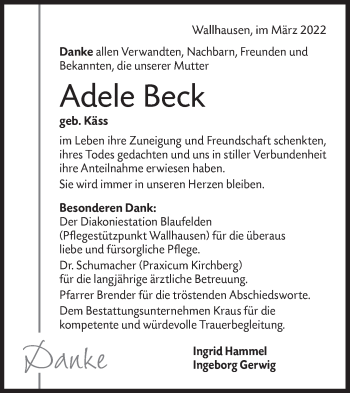 Traueranzeige von Adele Beck von Hohenloher Tagblatt