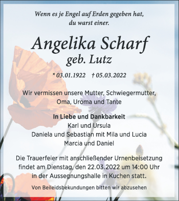 Traueranzeige von Angelika Scharf von Geislinger Zeitung