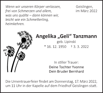 Traueranzeige von Angelika Tanzmann von Geislinger Zeitung