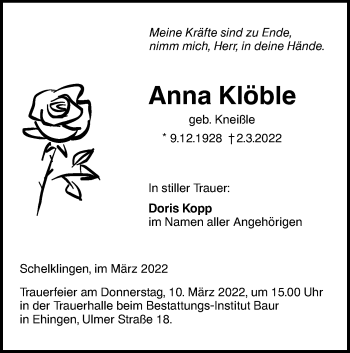 Traueranzeige von Anna Klöble von Ehinger Tagblatt