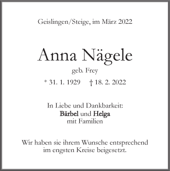 Traueranzeige von Anna Nägele von Geislinger Zeitung