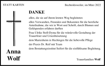 Traueranzeige von Anna Wolf von Metzinger-Uracher Volksblatt