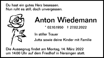 Traueranzeige von Anton Wiedemann von SÜDWEST PRESSE Ausgabe Ulm/Neu-Ulm