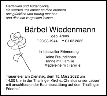 Traueranzeige von Bärbel Wiedenmann von SÜDWEST PRESSE Ausgabe Ulm/Neu-Ulm