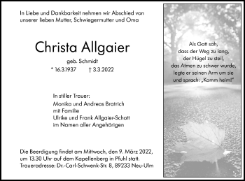 Traueranzeige von Christa Allgaier von SÜDWEST PRESSE Ausgabe Ulm/Neu-Ulm