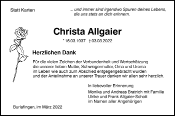 Traueranzeige von Christa Allgaier von SÜDWEST PRESSE Ausgabe Ulm/Neu-Ulm