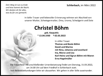 Traueranzeige von Christel Böhm von NWZ Neue Württembergische Zeitung