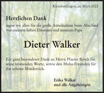 Traueranzeige von Dieter Walker von Metzinger-Uracher Volksblatt