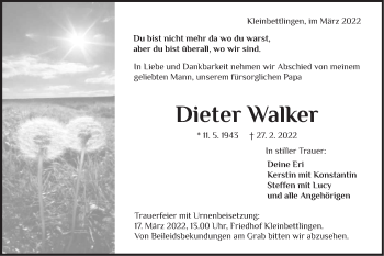Traueranzeige von Dieter Walker von Metzinger-Uracher Volksblatt