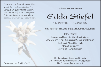 Traueranzeige von Edda Stiefel von Metzinger-Uracher Volksblatt