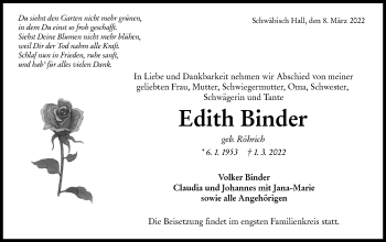 Traueranzeige von Edith Binder von Haller Tagblatt