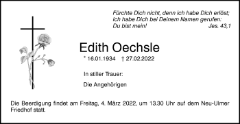 Traueranzeige von Edith Oechsle von SÜDWEST PRESSE Ausgabe Ulm/Neu-Ulm