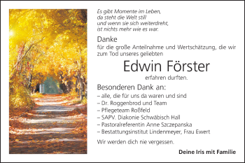 Traueranzeige von Edwin Förster von Hohenloher Tagblatt