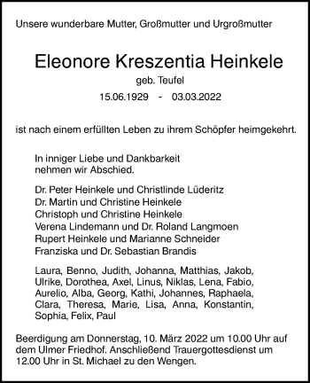 Traueranzeige von Eleonore Kreszentia Heinkele von SÜDWEST PRESSE Ausgabe Ulm/Neu-Ulm