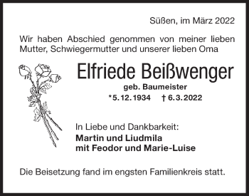 Traueranzeige von Elfriede Beißwenger von NWZ Neue Württembergische Zeitung