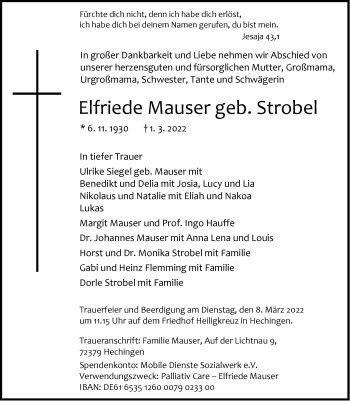 Traueranzeige von Elfriede Mauser von Metzinger-Uracher Volksblatt