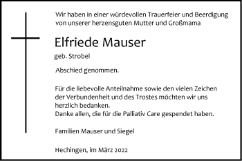 Traueranzeige von Elfriede Mauser von Metzinger-Uracher Volksblatt