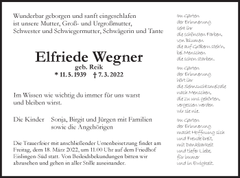 Traueranzeige von Elfriede Wegner von NWZ Neue Württembergische Zeitung