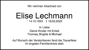 Traueranzeige von Elise Lechmann von SÜDWEST PRESSE Ausgabe Ulm/Neu-Ulm