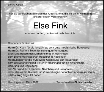 Traueranzeige von Else Fink von Metzinger-Uracher Volksblatt