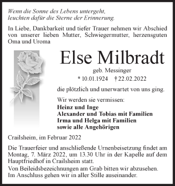 Traueranzeige von Else Milbradt von Hohenloher Tagblatt