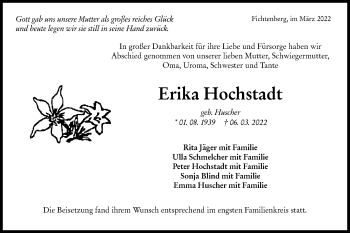Traueranzeige von Erika Hochstadt von Rundschau Gaildorf
