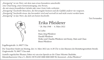 Traueranzeige von Erika Pfleiderer von SÜDWEST PRESSE Ausgabe Ulm/Neu-Ulm
