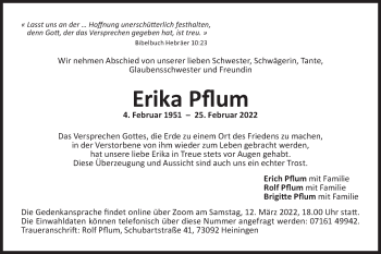 Traueranzeige von Erika Pflum von NWZ Neue Württembergische Zeitung
