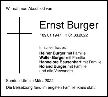 Traueranzeige von Ernst Burger von SÜDWEST PRESSE Ausgabe Ulm/Neu-Ulm