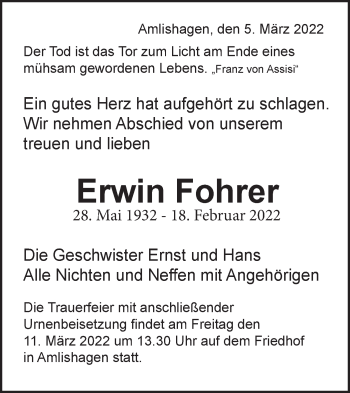 Traueranzeige von Erwin Fohrer von Hohenloher Tagblatt