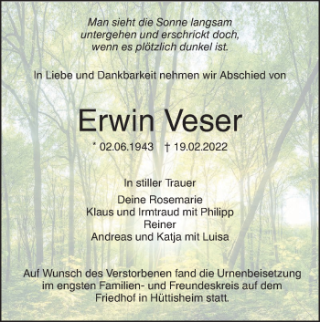 Traueranzeige von Erwin Veser von SÜDWEST PRESSE Ausgabe Ulm/Neu-Ulm