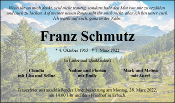 Traueranzeige von Franz Schmutz von SÜDWEST PRESSE Ausgabe Ulm/Neu-Ulm