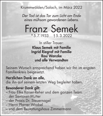 Traueranzeige von Franz Semek von NWZ Neue Württembergische Zeitung