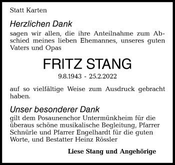 Traueranzeige von Fritz Stang von Haller Tagblatt