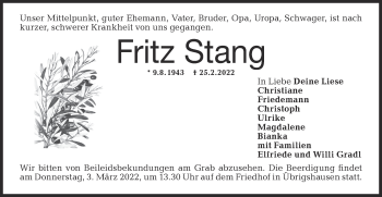 Traueranzeige von Fritz Stang von Haller Tagblatt