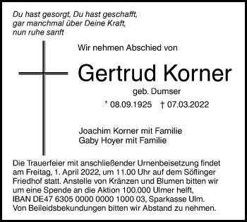 Traueranzeige von Gertrud Korner von SÜDWEST PRESSE Ausgabe Ulm/Neu-Ulm