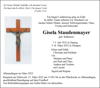 Traueranzeige von Gisela Staudenmayer von Ehinger Tagblatt