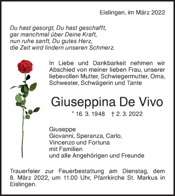 Traueranzeige von Giuseppina  De Vivo von NWZ Neue Württembergische Zeitung