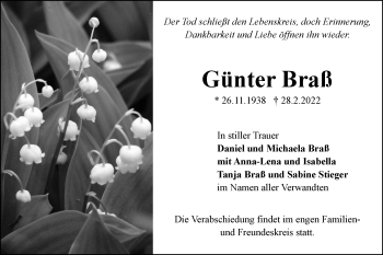 Traueranzeige von Günter Braß von SÜDWEST PRESSE Ausgabe Ulm/Neu-Ulm