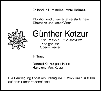 Traueranzeige von Günther Kotzur von SÜDWEST PRESSE Ausgabe Ulm/Neu-Ulm