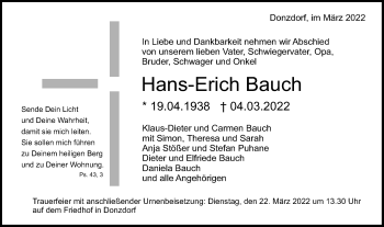 Traueranzeige von Hans-Erich Bauch von NWZ Neue Württembergische Zeitung