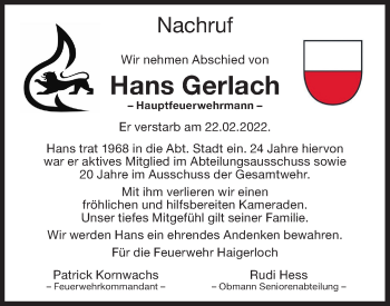 Traueranzeige von Hans Gerlach von Metzinger-Uracher Volksblatt