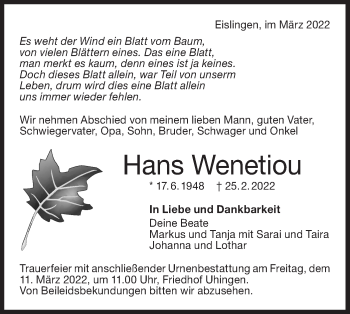 Traueranzeige von Hans Wenetiou von NWZ Neue Württembergische Zeitung