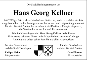 Traueranzeige von Hans Georg Kellner von Metzinger-Uracher Volksblatt