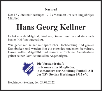 Traueranzeige von Hans Georg Kellner von Metzinger-Uracher Volksblatt