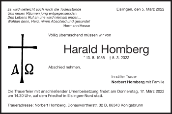 Traueranzeige von Harald Homberg von NWZ Neue Württembergische Zeitung/Geislinger Zeitung