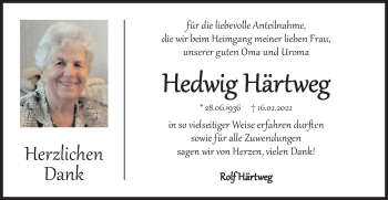 Traueranzeige von Hedwig Härtweg von Haller Tagblatt