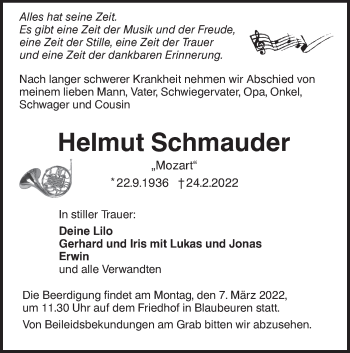 Traueranzeige von Helmut Schmauder von SÜDWEST PRESSE