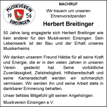 Traueranzeige von Herbert Breitinger von SÜDWEST PRESSE Ausgabe Ulm/Neu-Ulm