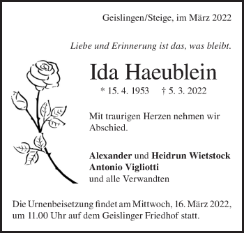 Traueranzeige von Ida Haeublein von Geislinger Zeitung